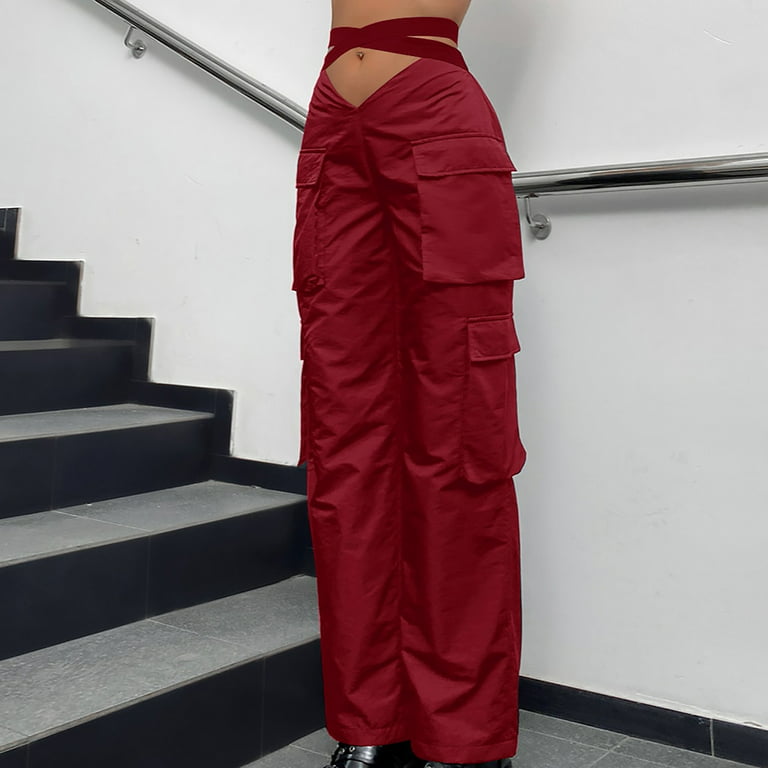JWZUY Streetwear Cargo Pants for Women High Elastic Waisted Criss