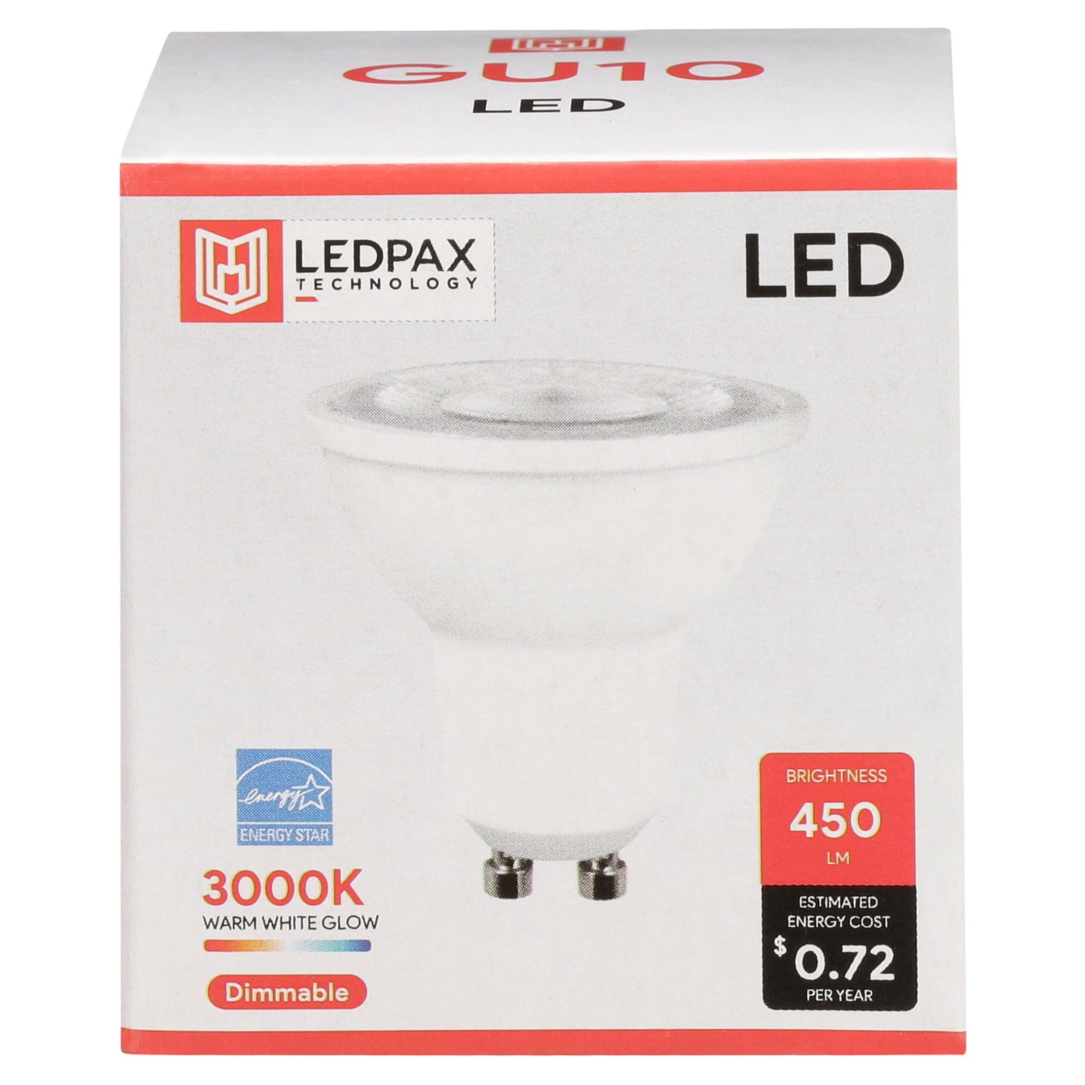 LEDPAX GU 10 Dimmable LED Bulb, 6W (50W equivalent), 3000k, Lumens, CRI 90, 1 Pack, UL, ES Certified, 4 Count - Walmart.com