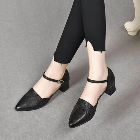 

ERTUTUYI Womens Shoes Fashion Ruffled Pointed Toe Shoes Soft Sole Solid Color Thick Heel Middle Heel Buckle Casual Shoes Black 39