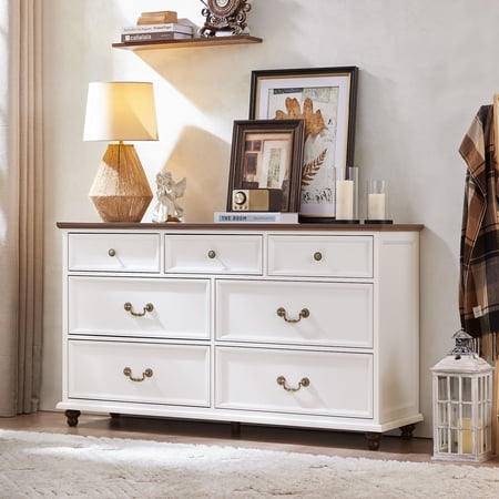 Modern 7-Drawers Storage Dresser for Bedroom Chest of Drawers with Golden Handles Cabinet Side Table White