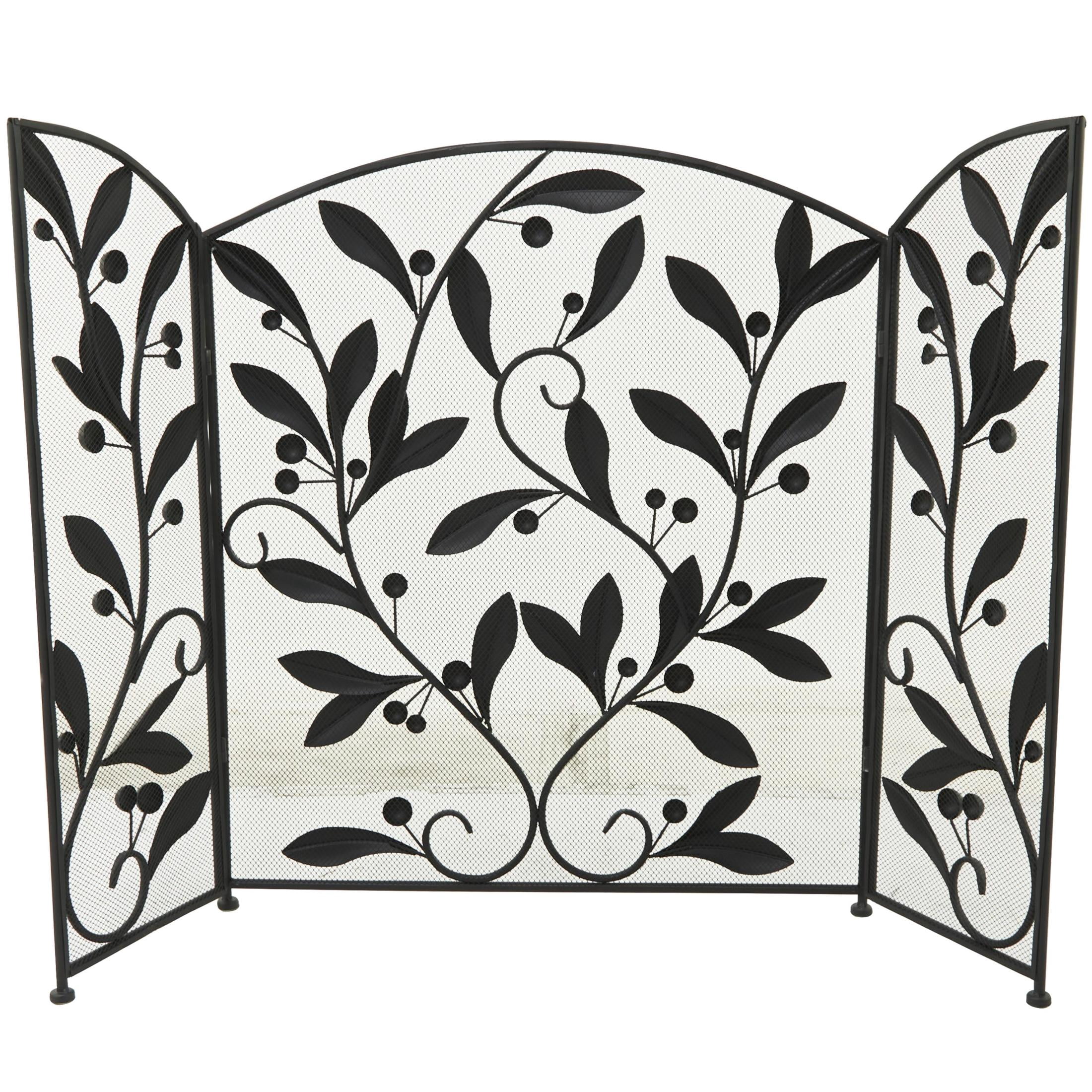 DecMode 45" x 30" Black Metal Foldable Mesh Netting 3 Panel Scroll Fireplace Screen with Leaf and Vine Relief, 1-Piece