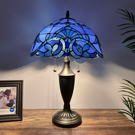 Tiffany Table Lamp Blue Stained Glass Baroque Style LED Bulbs Included For Living Room Bedroom Bedside 14"W*14"D*21"H