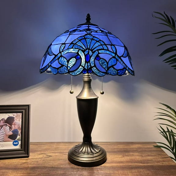 Tiffany Table Lamp Blue Stained Glass Baroque Style LED Bulbs Included For Living Room Bedroom Bedside 14"W*14"D*21"H