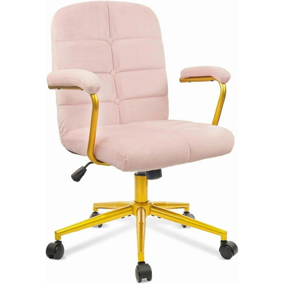 CLATINA Velvet Office Desk Chair with Armrests and Wheels, Modern Upholstered Vanity Chairs with Gold Base, Height Adjustabe Swivel Home Task Chair for Bedroom, Study, Living Room, Work, Pink
