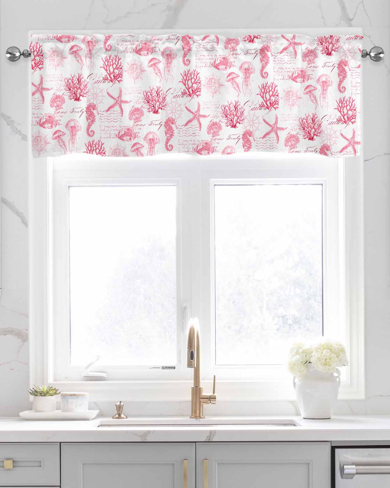 Pink Ocean Coastal Kitchen Valances for Windows Farmhouse Linen Window Valance Curtain for Living Room Window Treatment Nautical Starfish Jellyfish Coral Valance Rod Pocket Topper Drape, 42 x 18 Inch