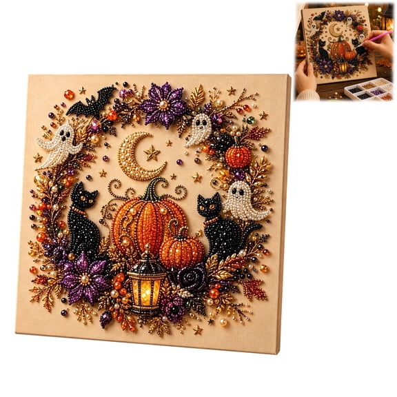 Diamond Painting,Halloween Pumpkin Pearl Diamond Art DIY Kit, Spooky Cute 3D Pearl Diamond Painting Crafts Kits for Adults, DIY Fall Home Decor Wall Art, Beginner DIY Seasonal Party Gift