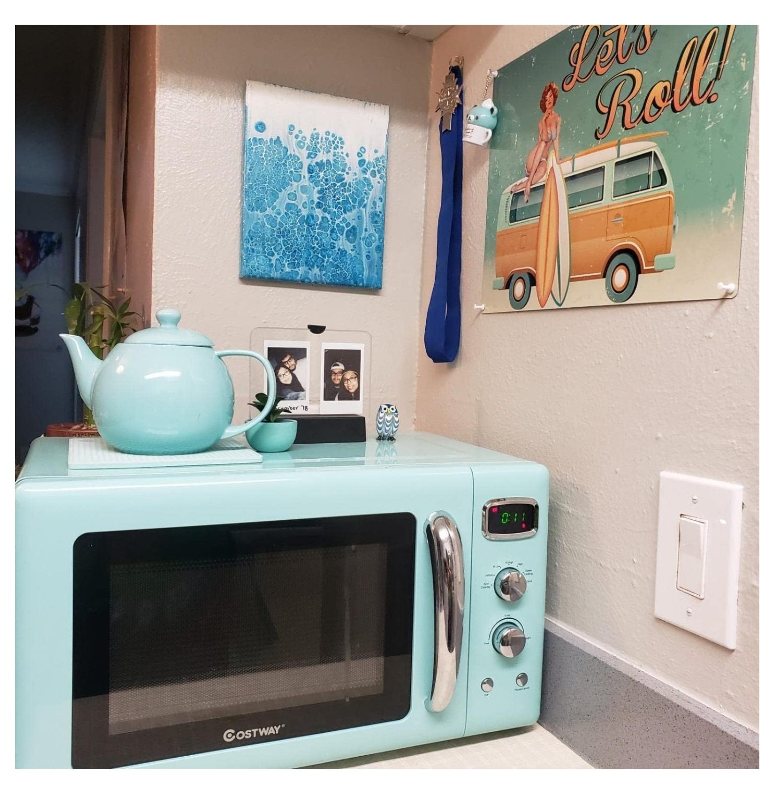 Microwave Oven, 900W/0.9Cu.Ft, Small Countertop Microwave w/Defrost & Auto Cooking, LED Display, Pull Handle, Easy Clean Stainless Steel Interior, Child Lock, ETL Certification Mint