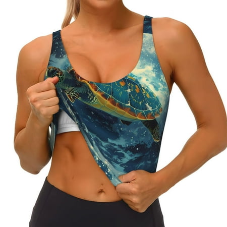 Qokaie Surfing Turtle Pattern Womens Scoop Neck Sports Bra Breathable Workout Vest Padded U Back Medium Impact Fitness Gym Yoga Bra Workout Crop Top