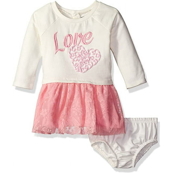 kensie Girls' Baby French Terry and Tulle Dress, Vanilla, 24M