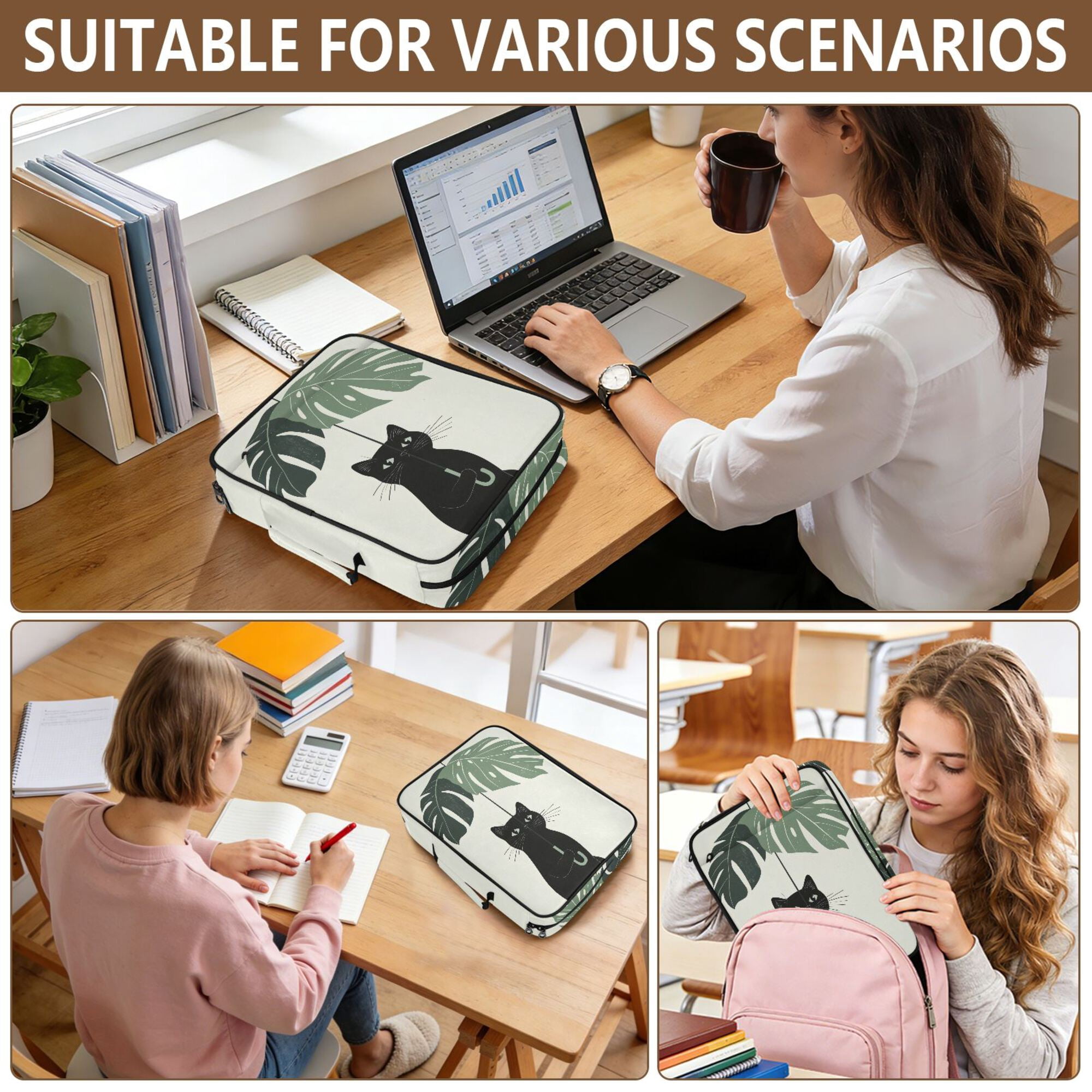 FORMRS Accordion File Folder A4 Size 7-Pocket Expanding Document Organizer Bag with 3 Ring Binder, Black Cat Umbrella