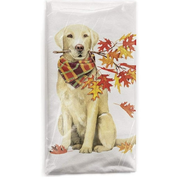 Mary Lake-Thompson Golden Retriever with Autumn Branch Cotton Flow Sack Dish Towel