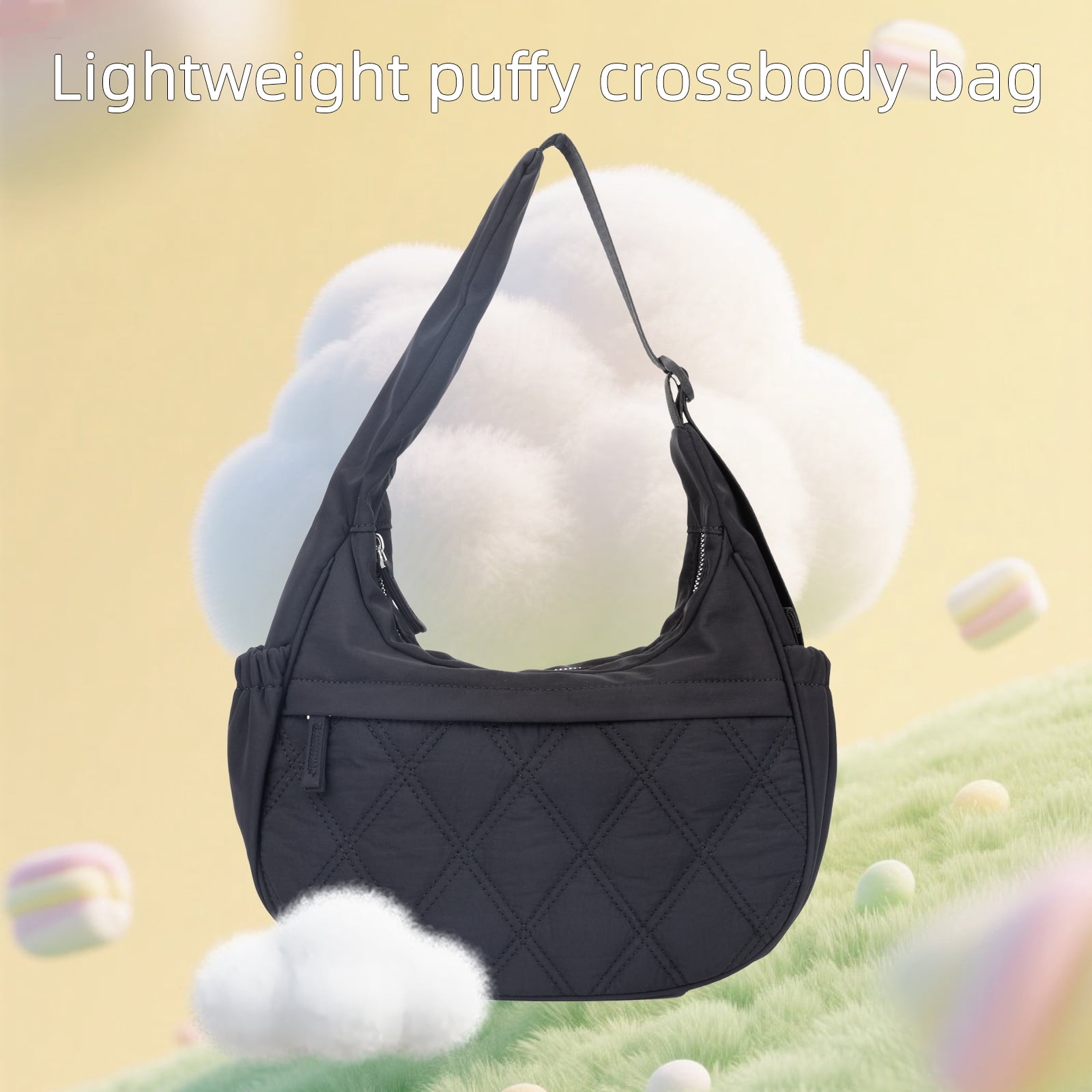 JANKS Small Puffer Crescent Shoulder Bag for Women, Nylon Quilted Puffy Crossbody Purse, Cute Hobo Shoulder Handbags （Black)