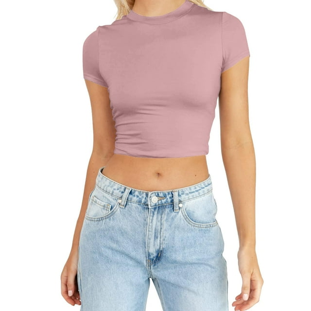WEIYLL T-Shirt pour Femmes Été Manches Courtes Mignon Court Basique Col Rond Ajusté Rose Tailles G