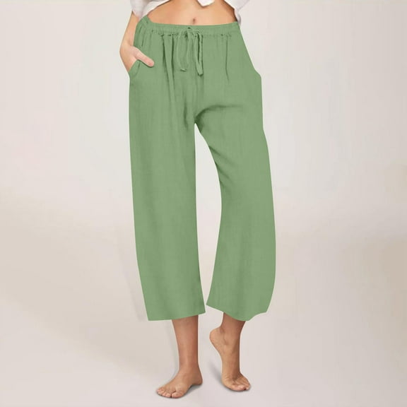 LADIGASU Women Casual Linen Drawstring Elastic Waist Wide Leg Pants Cropped Trousers
