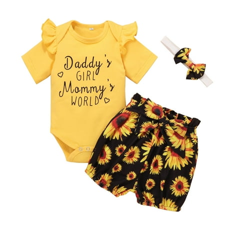 

Infant Baby Girls Summer Letter Sunflowers Print Fly Sleeve Romper Shorts Outfits Set Fashion Children s Suit