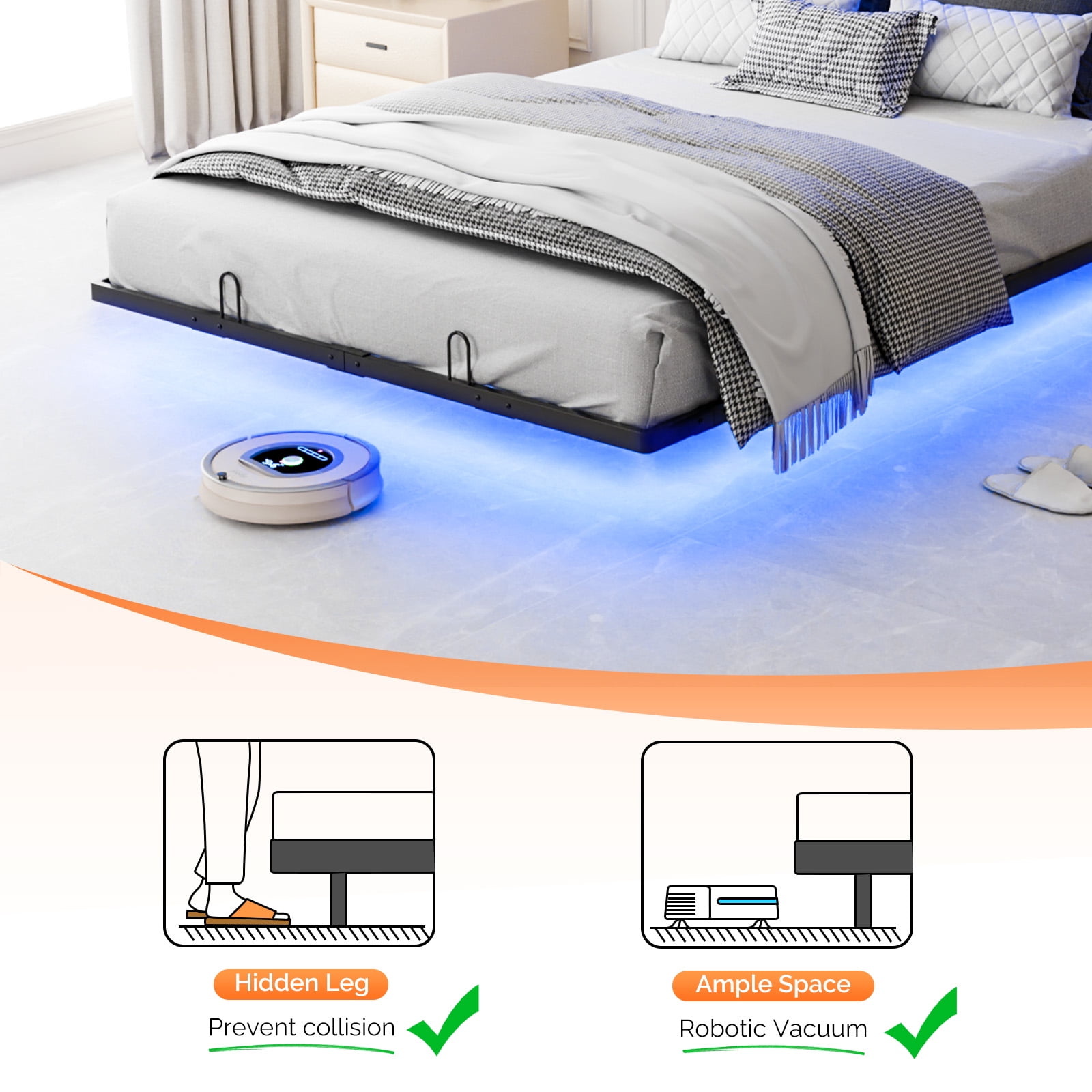 Zimtown Floating Bed Frame Queen Size Metal Platform Bed for Bedroom, No Box Spring Needed, Gray