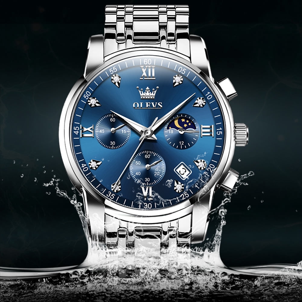 OLEVS Watches for Men Luxury Dress Casual Analog Quartz Gold Plated Stainless Steel Chronograph Moon Phase Waterproof Luminous Date Business Mens Wrist Watches Reloj Para Hombre