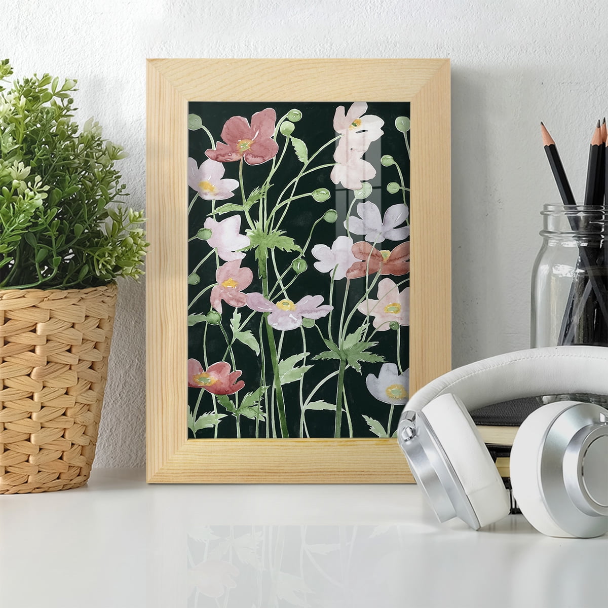 Anemone Dance III -Framed Print w/glass-Natural Wood