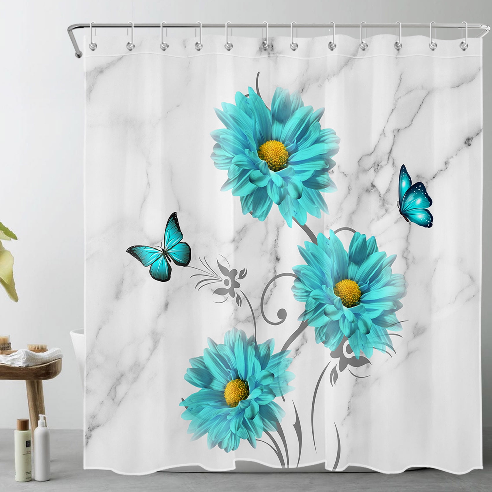 HVEST Farmhouse Floral Shower Curtain Teal Dahlia and Butterfly on Marble Shower Curtain for Bathroom, Modern Abstract Marble Backdrop Bath Curtain with Hooks Bathtub Decorations,69W X 70L Inches