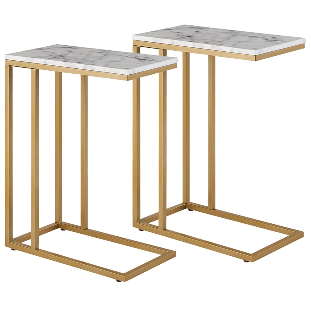 ROSEN GARDEN C Shape Side Table, Faux Marble End Table, Set of 2, Gold