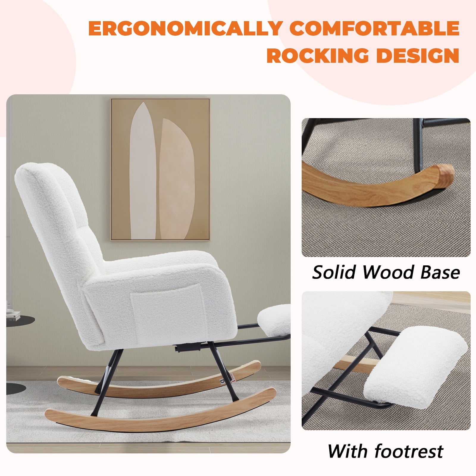 SENCHO GINSYTALIOR Rocking Chair Nursery with Foot Rest,Upholstered Glider Chair with High Backrest, Rocker Accent Armchair with Solid Wood Legs for Nursery Bedroom Living Room（Beige）