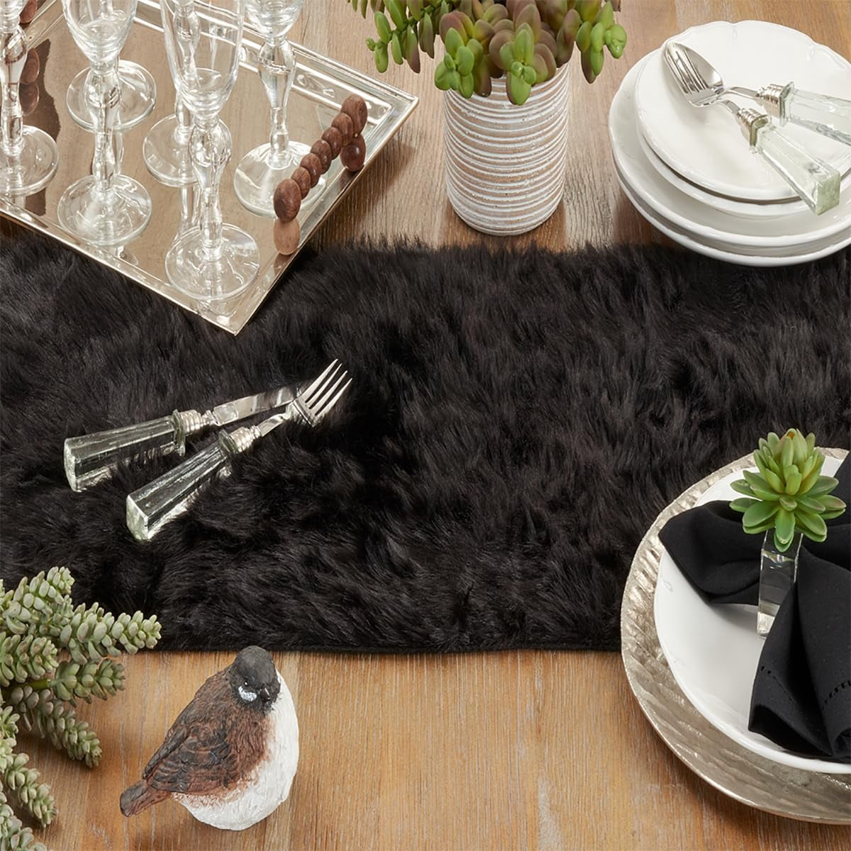 Fennco Styles Juneau Black Faux Fur Table Runner 15"W X 54"L - Solid Color Soft Plush Table Cover for Home, Dining Room, Banquets, Holiday and Special Occasion