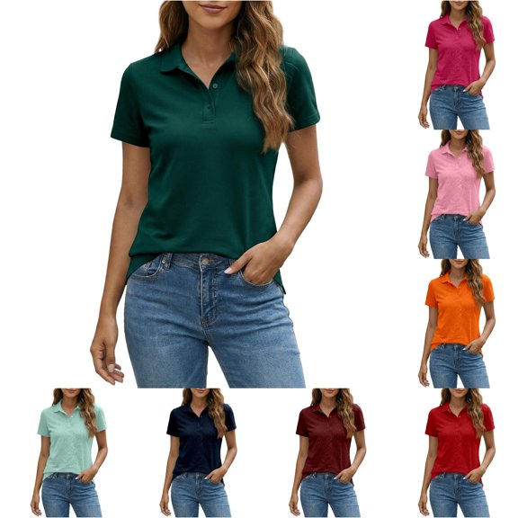 XIAOCHA Womens Solid Polo Shirt Collared Short Sleeve Button Placket Golf Top Casual Blouse