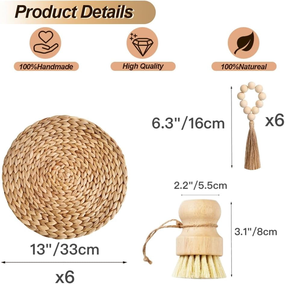 Woven Seagrass Placemats Set of 6, 12" Boho Round Woven Natural Placemats, Wicker & Rattan, Braided Plate Chargers, with Wooden Brush & 6 Napkin Rings (Natural Water Hyacinth)