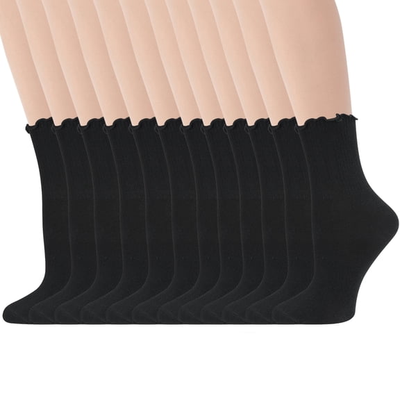 Bocaoying 12 Pack Womens Ruffle Crew Socks, Cute Frilly Socks Ladies, Casual Turn Cuff Soft Crew Socks for Women Girls