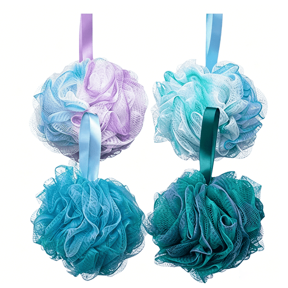 TWGRNF Assorted Color 4 Pack Shower Loofah Balls, Fluffy Large Mesh Exfoliating Bath Poufs, Luxury Spa Body Wash Sponge for Bathroom & Gift Set