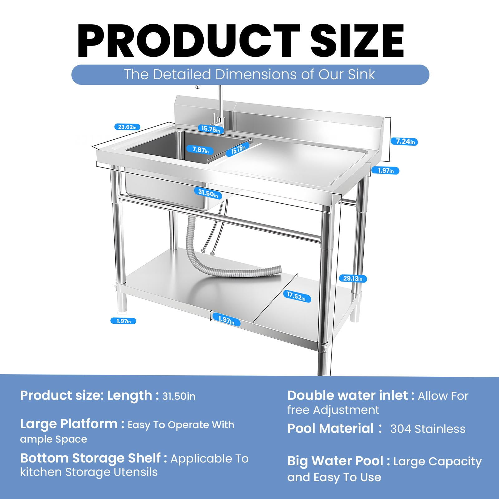 Stainless Steel Commercial Utility Sink with Cold & Hot Water Faucet, Heavy Duty Free Standing Sink, Outdoor Freestanding Kitchen Sink for Food Truck & Stall