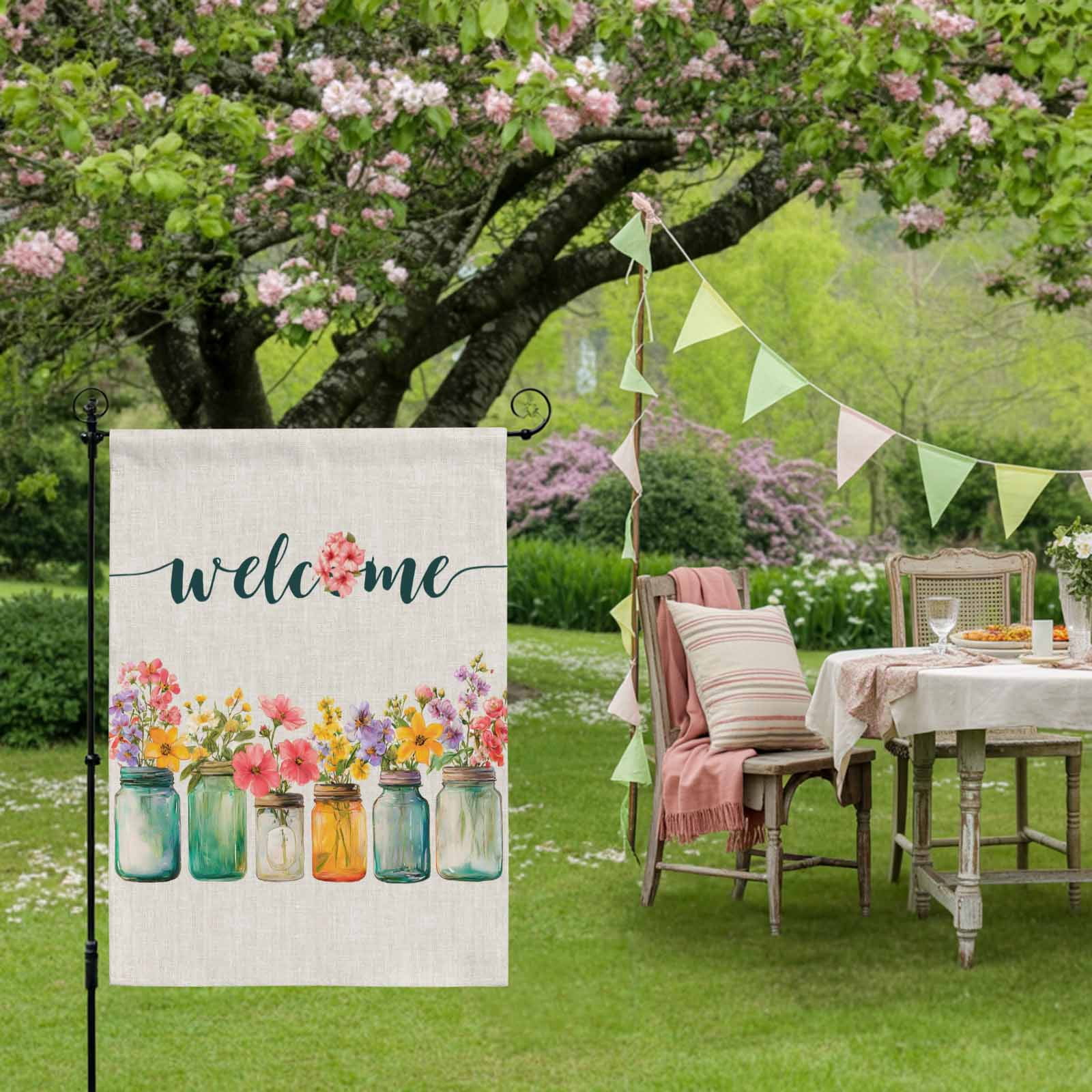 Welcome House Flag 28 x 40 Inches, Wildflowers Vintage Mason Jars Farmhouse Retro Weather Proof Outdoor Patio Flags Double Sided Small House Decoration for Yard Lawn Outside Home