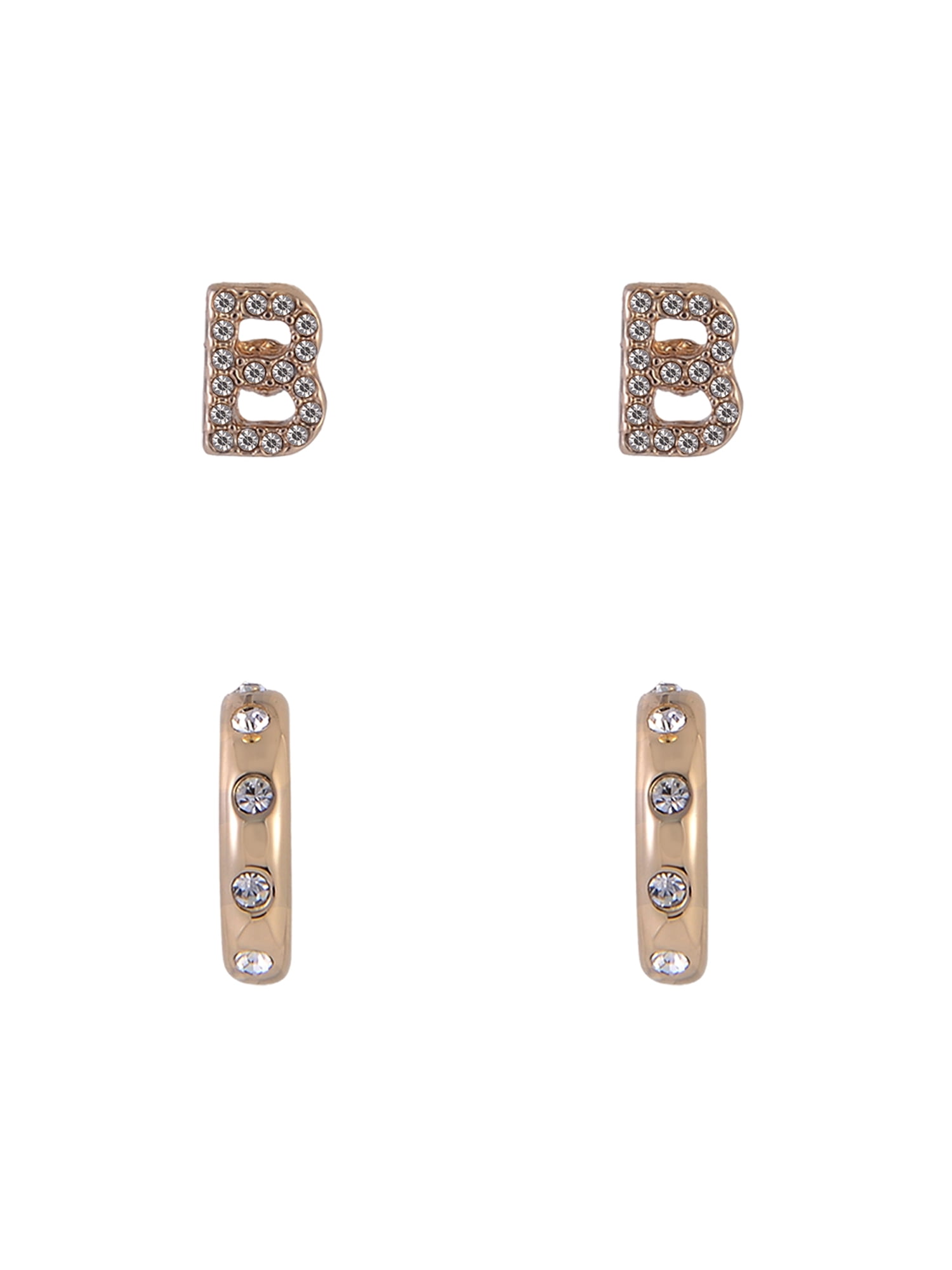 Time and Tru Goldtone 5pc Crystal Studs Hoop Initial "B"Earring Set