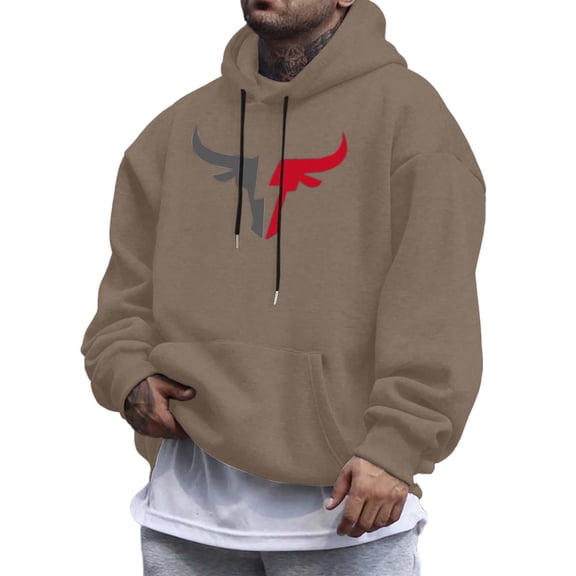 Valora Men Sweatshirt Men's Hoodies Sweatshirts Casual Bull Head Graphic Drawstring Pullover Hoodie for Everyday Comfort and Versatility Khaki XL