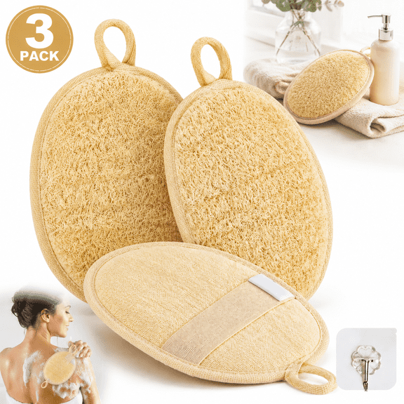 Emlimny 3 Pack Natural Loofah Exfoliating Body Scrubber Pads ,Natural Loofah Sponge Body Scrubber Shower Luffa Sponge with Hooks,Plant Based Shower Luffa Sponge loofah for women and Men