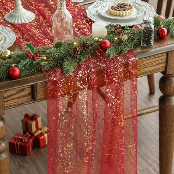 10FT Table Runner, Sequin Glitter Sheer Chiffon Gauze Cheesecloth Runner 120 Inch, Party Decorations for Wedding Anniversary Birthday Graduation Christmas Holiday