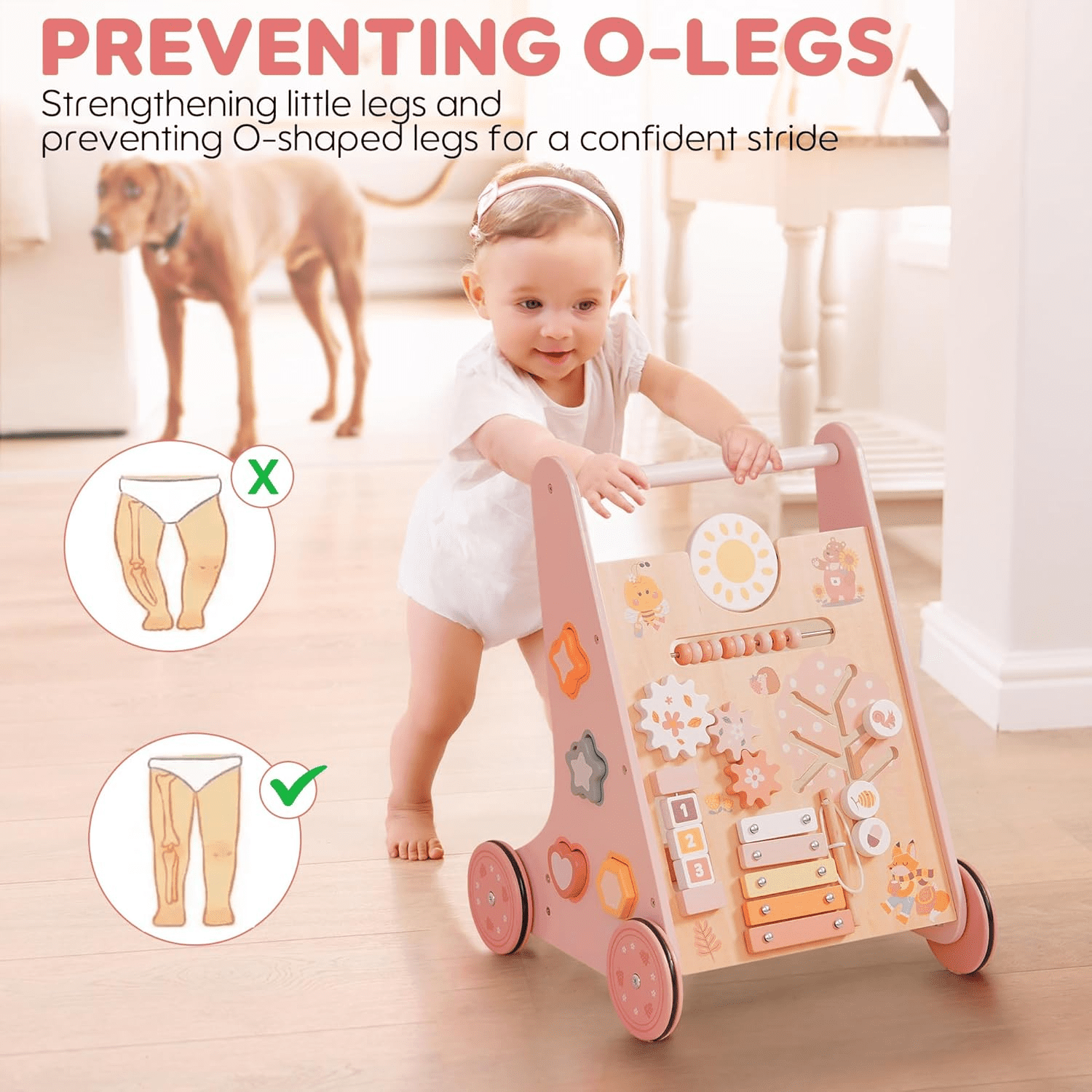 Robud Wooden Baby Walker, with Wheels, Montessori Push Toys for Babies Learning to Walk, Baby Walkers Activity Center for Boys and Girls,Pink