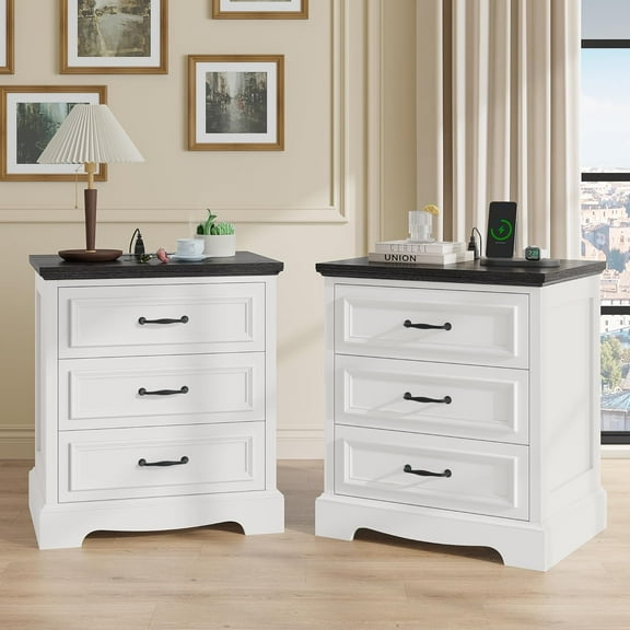 Whalefall Farmhouse 3 Drawers Dresser with Charging Station, White Nightstand Set of 2 Bedside for Bedroom, Wood Small End Table for Living Room Dresser Chest of Drawers for Hallway(2)
