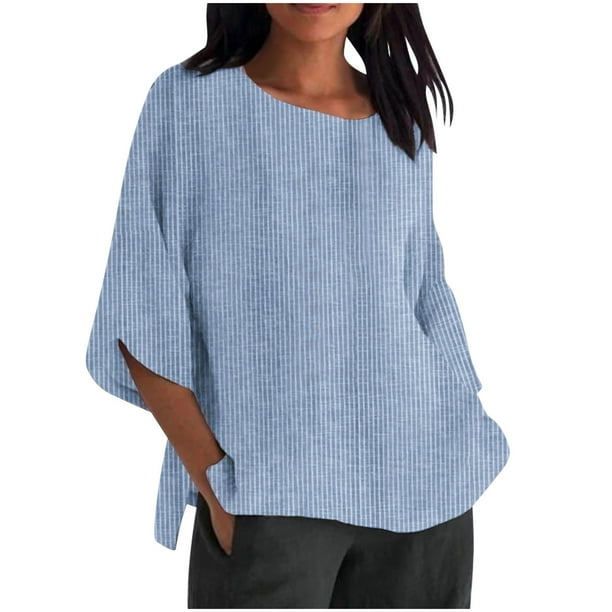 Vestidos Casuales Para Mujer, Blusas De Mujer De Moda Camiseta de verano de lino y algodón con cuello redondo y rayas para mujer