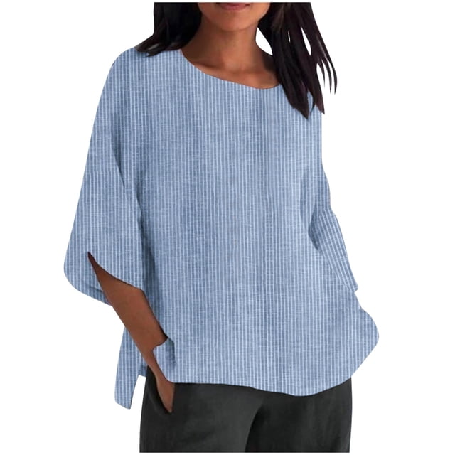 VSSSJ Blouse d'Été pour Femmes à Rayures Col Rond Coupe Décontractée Manches 3/4 Coton Confortable T-Shirt Décontracté Bleu Clair XXXXL