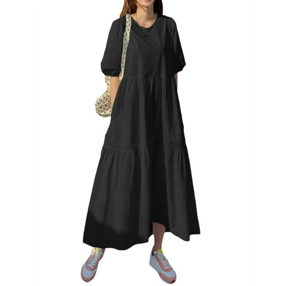 ZANZEA Women Puff Sleeve Casual Solid Ruffle Tiered Dress Summer Holiday Sundress