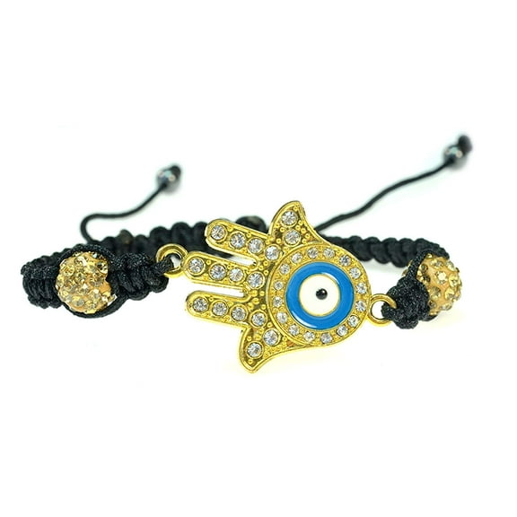 Hamsa Hand with Blue Evil Eye Bracelet-Handmade String, Goldtone, Macramé Style, Adjustable Bracelet, Protective Amulet, Good Luck Charm, Lightweight