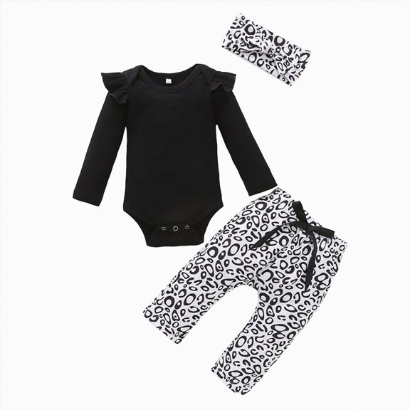 NIEWTR 3 6 9 12 Months Baby Girls Clothes Newborn Infant Baby Girls Outfit Long Sleeve Ruffle Romper Floral Pants Headband Sets 0-18 Months(A-Black,9-12 Months)