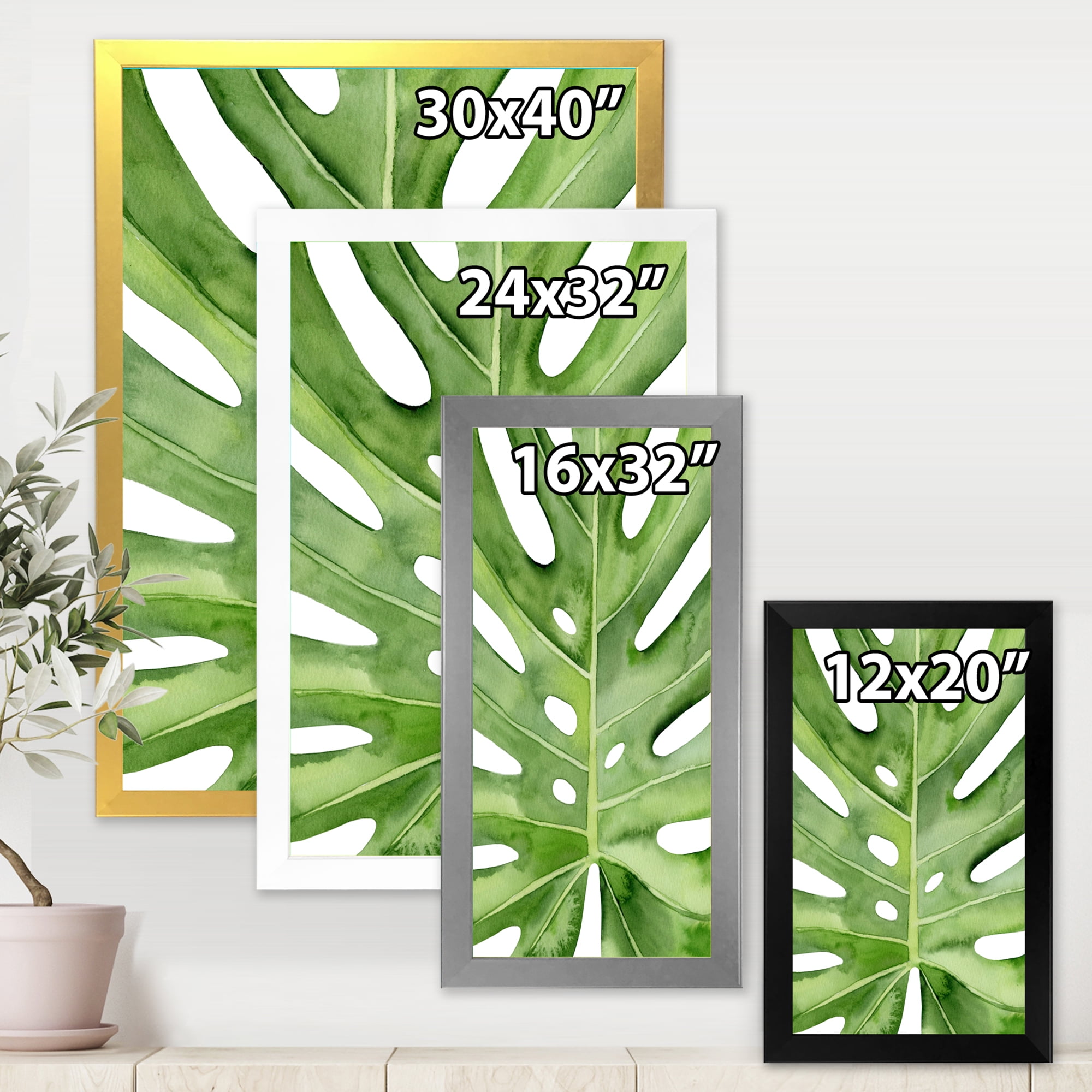 Designart 'Close Up Green Monstera Leaf Tropical Palm' Tropical Framed Art Print