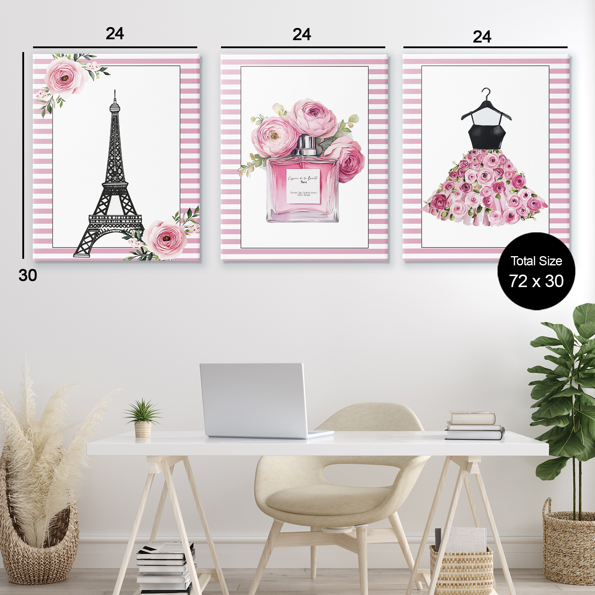 Parisian Glam with Stripes 3 Piece Canvas Wall Art Set, design by Christine Simpson Art