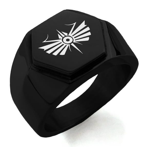 Stainless Steel Tribal Dragonfly Rune Engraved Hexagon Crest Flat Top Biker Style Polished Ring