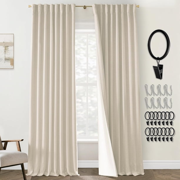 Cortinas Opacas, Juego de 2 Paneles, Estilo Boho Granja, Cortinas de Lino Térmicas para Oscurecer la Habitación para Sala de Estar, Beige