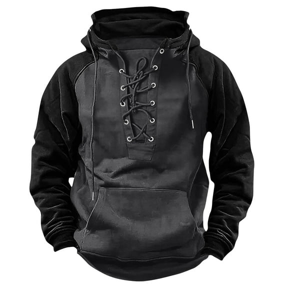 YUGYXL Mens Tactical Sweatshirts Lace Up Hooded Pullover Long Sleeve Cargo Workout Outdoor Hoodies with Pocket Gray S