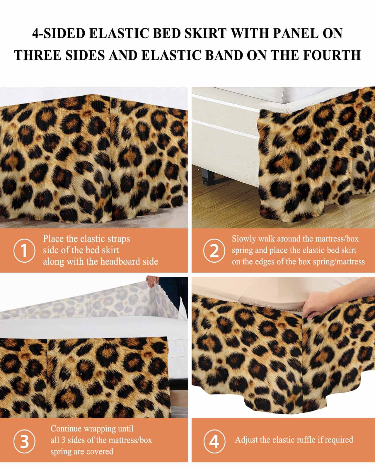 Fashion Wild Style Bed Skirt King Size 18" Drop Vintage Brown Leopard Print Ruffled Wrap Around Bed Skirts Adjustable Elastic Bedskirt Dust Ruffle for King Size Bed