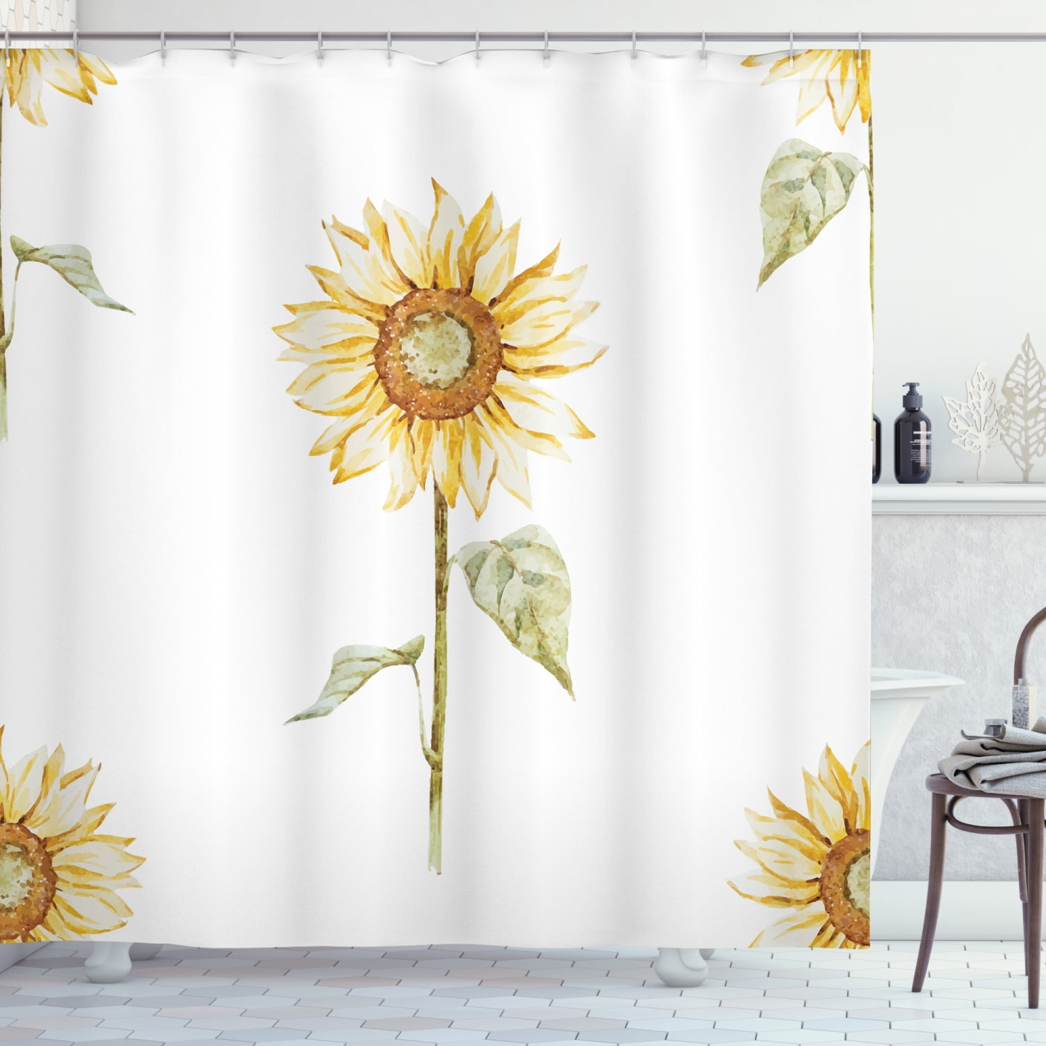 Art Sunflower Pattern Shower Curtain Bathroom Waterproof Curtain Decor with Hook 